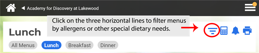 Online menu with circle around horizontal lines to find food allergies and menu filters.